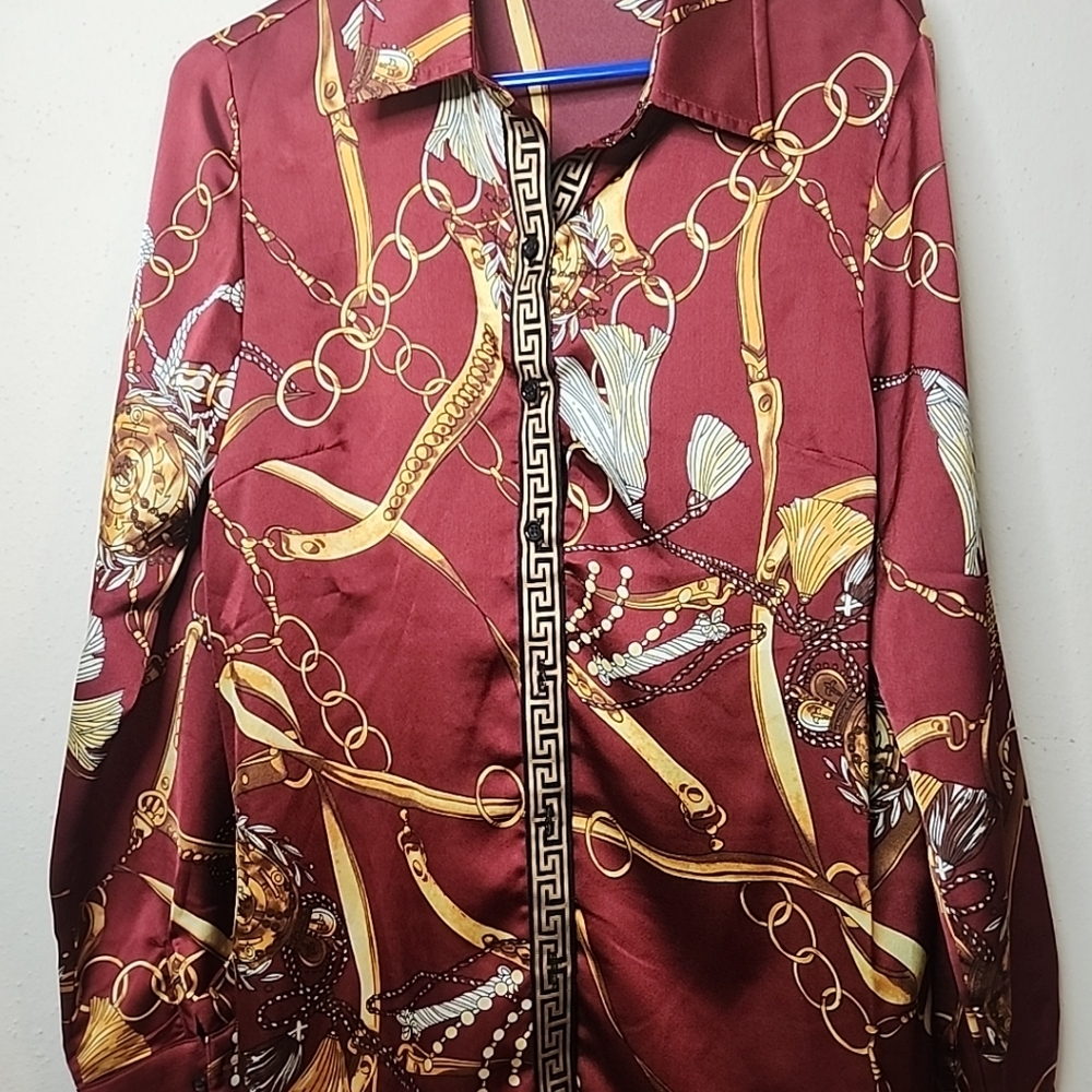 BOOHOO Chain Print Red Long Sleeves Shirt - Picture 3 of 8